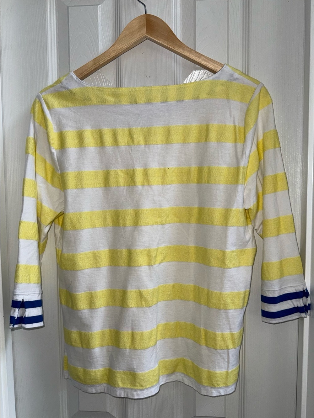 Talbots Nautical Tie 3/4 Sleeve Top Sz LP Blue White Yellow Strip Beach Resort - Picture 4 of 7